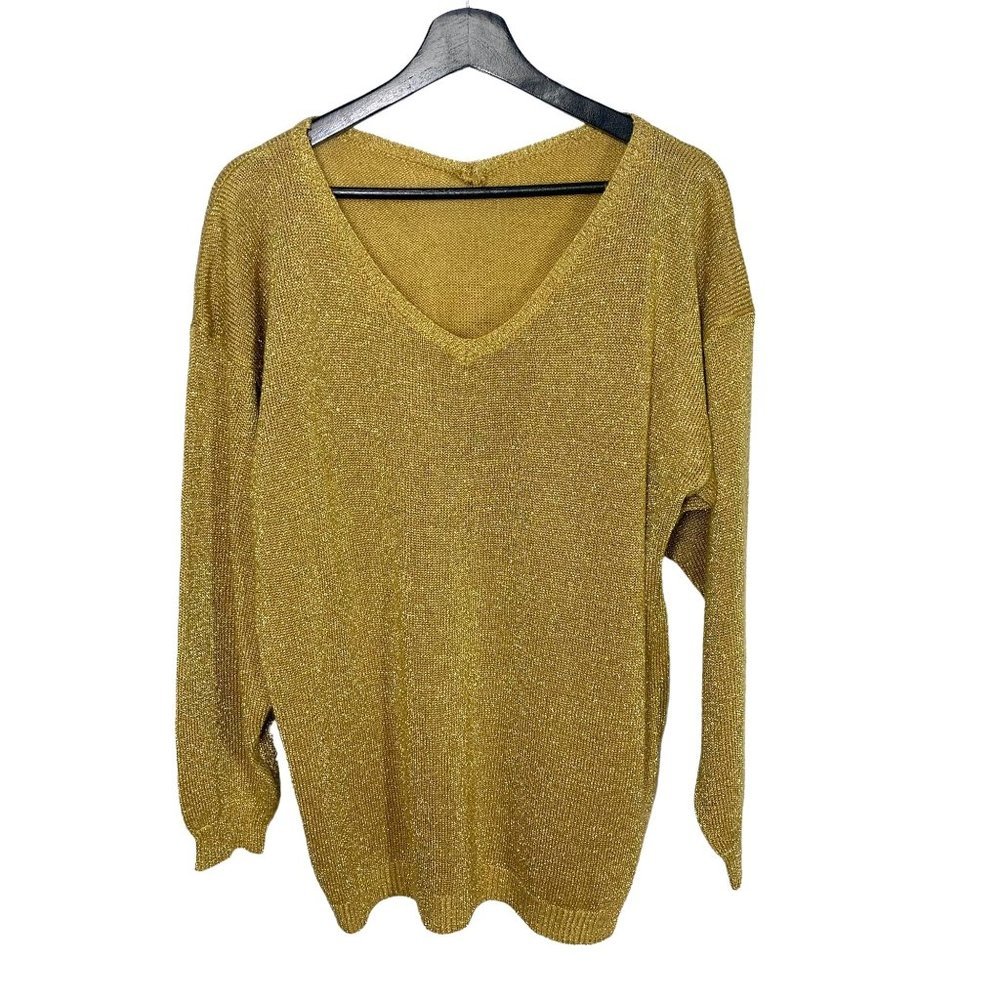 Vintage 70s Gold Metallic Long Sleeve Knit V Neck Top XL